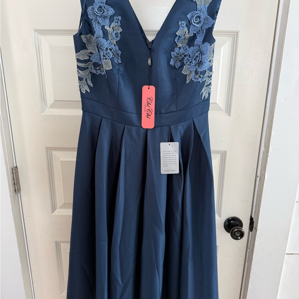 Chi Chi London Navy Dress with Satin Finish
